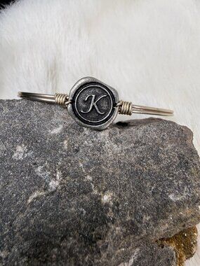 Luca + Danni K Initial Wax Seal Style Charm Bangle Bracelet Silver Tone